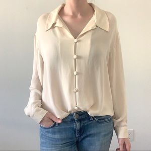 Vintage Carole Little Silk Oversized Peter Pan Collar Button Down Blouse Shirt